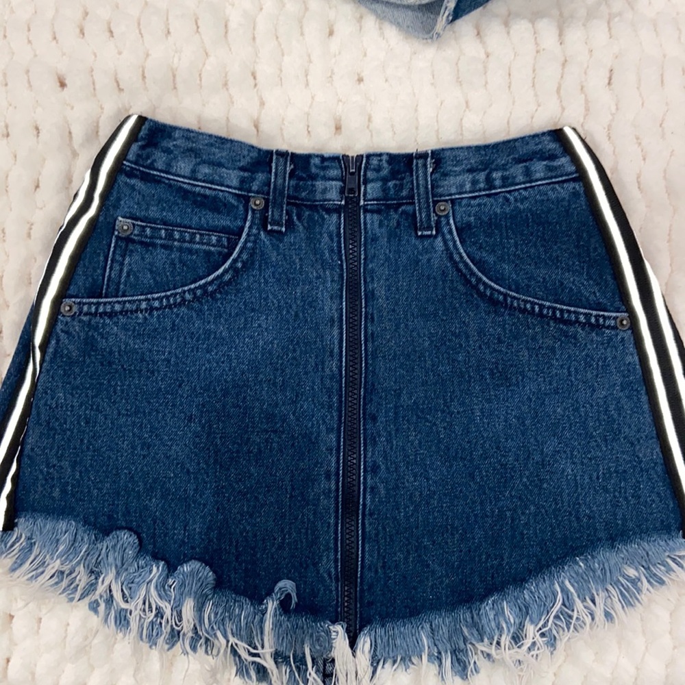 CARMAR Denim Skirt with Reflective Side Detailing and Frayed Hem